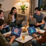 Friends enjoying a lively online gaming session at home, discovering online casinos in Canada.