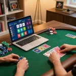 Sesi strategi poker online Aneka4D yang menarik dengan pemain yang mengatur chip dan kartu komunitas di laptop.