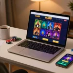 Player enjoying ku88 casino gameplay on a stylish laptop with vibrant interface and poker chips scattered.