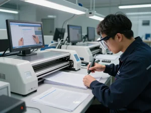 Technician expertly gỡ ép plastic from documents in modern workshop, showcasing innovative techniques.