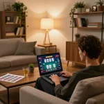 Engaging in online casino gaming with Sunwin on a cozy laptop setup, showcasing strategic betting.