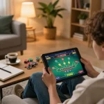Player enjoying a blackjack game on alo8 using a tablet, cozy home setting with warm lighting