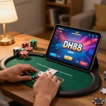 Player engaging with poker interface on DH88 app in cozy home setting, showcasing strategic gameplay.