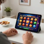 Enjoying an exciting slot toto game on a tablet in a cozy home setting, emphasizing online gaming engagement.