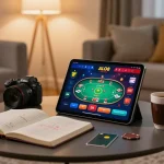 Person enjoying online casino gaming with the ALO8 app in a cozy setting.