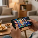 Engaging in slot depo 3k gameplay on a smartphone in a cozy home environment.