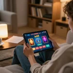 Engaging with luck8 on a tablet during a cozy home gaming session, illustrating online gambling excitement.