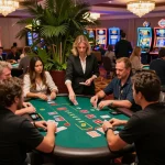 Engaging gameplay at gamebaidoithuong8 blackjack table with players strategizing bets in a vibrant casino.