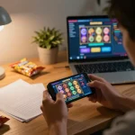 Player engaging with exciting slot pulsa game interface on smartphone in cozy home setup