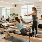 初心者がリフォーマーを使ったzen place pilatesスタジオでのグループピラティスクラス、明るい雰囲気、モチベーションに満ちた環境。