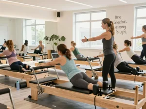 初心者がリフォーマーを使ったzen place pilatesスタジオでのグループピラティスクラス、明るい雰囲気、モチベーションに満ちた環境。
