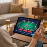 Player using LLwin app for poker game in a cozy home environment, showcasing comfortable gameplay