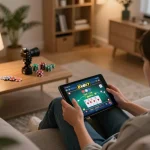 Player enjoying online poker on 8xbet platform in a cozy living room with warm lighting