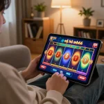 Engaging in nổ hũ mb66 slot gameplay on tablet, cozy home atmosphere with strategic focus