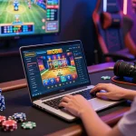 Player using the O8 platform in a colorful online gaming environment with vibrant lights and gaming elements.