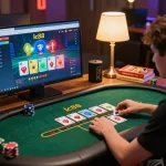 Engaged player utilizing lc88 online casino interface on laptop, showcasing strategic betting