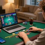 Engaged player exploring trang chủ mb66 during a live dealer blackjack game on their laptop.