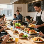 Fast food menu vividly presented in a bustling restaurant atmosphere, featuring fresh ingredients and happy diners.
