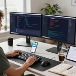 Moltbot development workspace with dual monitors, coding, and tech environment details.