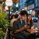 Exciting urban nightlife filled with 오피스타 opportunities, showcasing stylish individuals enjoying vibrant social interactions.