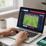 Engaging scene of a person using dagelan4d for live sports betting on a laptop with vibrant match visuals