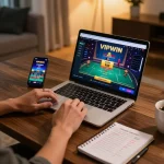 Engaging online gaming session showcasing the VIPWIN platform on a laptop with betting notes.