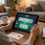 Player enjoying blackjack on LV88 platform at home, surrounded by strategy notes and coffee.
