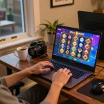 Engaging online kdslot gaming scene showcasing user interaction with colorful interface on laptop