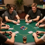 Friends engaging in poker game at home, showcasing RR88 SELECT's casual gaming vibe.