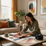 Designer d'intérieur arrangeant la décoration dans un salon cosy, mettant en valeur ses talents en tant que décoratrice Narbonne.