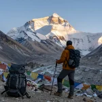 Everest Base Camp Trek with a traveler at sunrise, majestic peaks and glacial views.