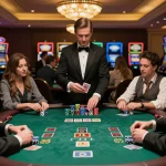 Players strategizing in a thrilling blackjack game at XX88 casino table, vibrant atmosphere.