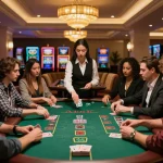 vin88 players enthusiastically placing bets at an upscale blackjack table in a vibrant casino.