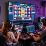 Engaging online gaming scene with players celebrating a win on Zeus138 slot gacor platform, showcasing vibrant graphics and interactive screens.