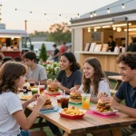 Fast food menu featuring burgers and fries on a vibrant outdoor patio