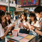 Friends excitedly checking HK Lotto tickets at a vibrant street kiosk during a sunny afternoon.