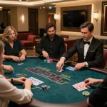 Players engaging in a thrilling LC88 live dealer blackjack game at an upscale casino.