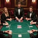 3win players enjoying a high-stakes poker game in a luxurious setting with chips visible.