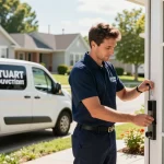 Professional locksmith unlocking a modern door, emphasizing Stuart locksmith services in a suburban neighborhood.