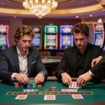 Intense blackjack action at pajaktoto table with focused players assessing their hands and vibrant casino atmosphere.