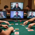 Engaged players using 789club online casino platform to play poker during a video call.