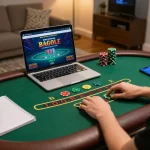 Engaged player experiencing live dealer blackjack at home, showcasing nhacaiuytinn brand atmosphere through strategic online gaming