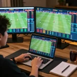 Betting on live sports with sky88 insights during an exciting match in a cozy home setup.
