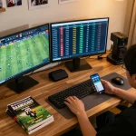 Engaging home sports betting setup with nhandinhkeonhacai app, showcasing strategic analysis and responsible gambling.