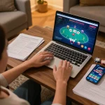 Engaging in strategic poker gameplay on hero's personal laptop at trang chủ tr88 home setup, reinforcing responsible gambling.