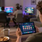 Engaging player interacting with a white label casino on a tablet at home, showcasing strategic gameplay.