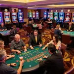 TG88 casino scene showing players engaged in lively gaming activities and dealers managing tables.
