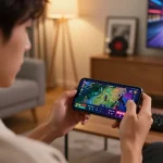 Engaging in esports betting singapore on a smartphone in a cozy living room setting with modern decor.