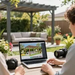 Client and designer collaborating on a 3D Pergola Configurator in a vibrant garden setting, showcasing modern outdoor design elements.