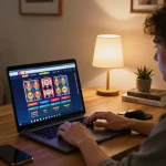 Engaged player accessing five88's online casino on a laptop, showcasing vibrant gaming interface and strategy.